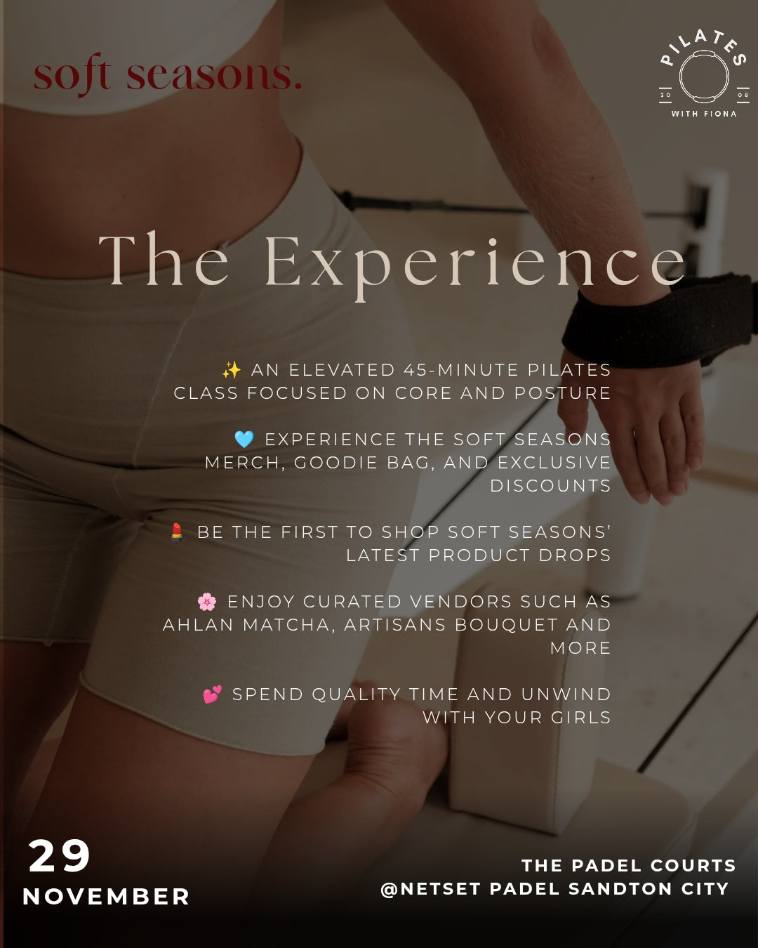 Soft girl Pilates 9.30am for 9.45am, 29 Nov 2025, hosted at netset sandton padel courts (Females only)